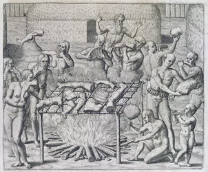 Kannibál lakoma, Theodor de Bry (1528-98) metszete